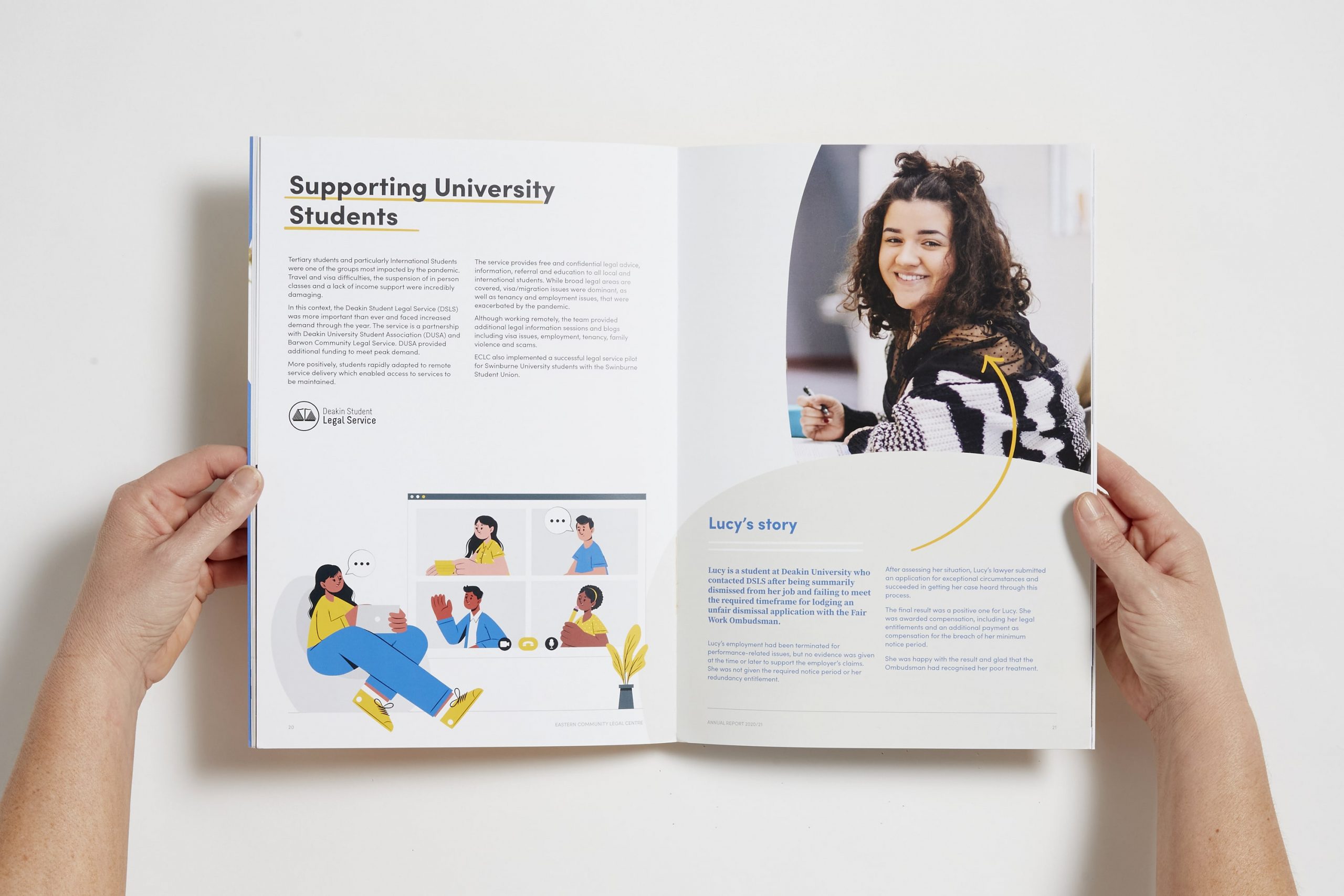 Eastern Community Legal Centre Annual Report design with illustrations.