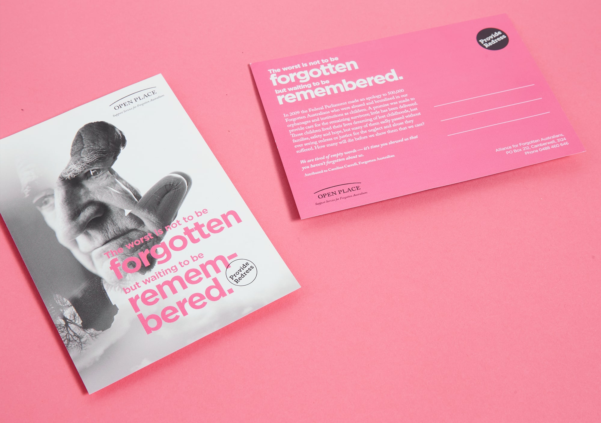 Postcard design and print management – graphic design services for the Forgotten Australians